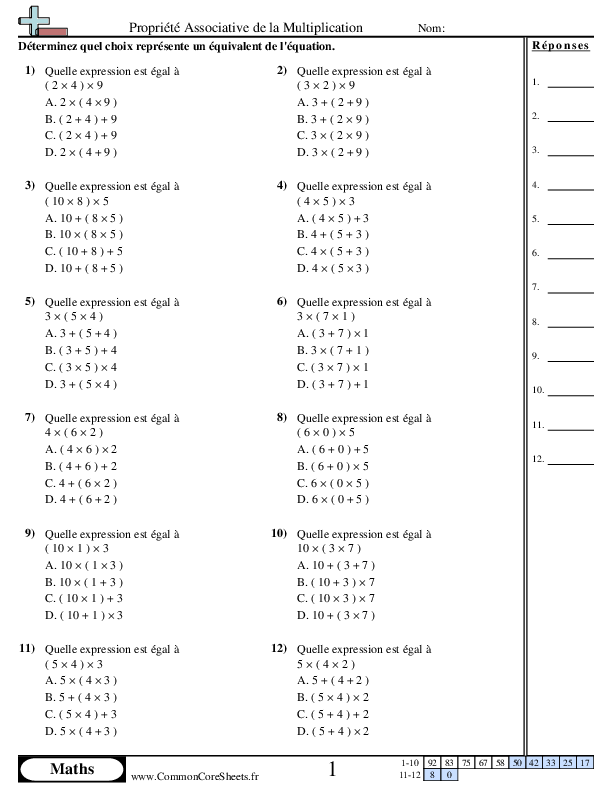Propriété Associative de la Multiplication worksheet